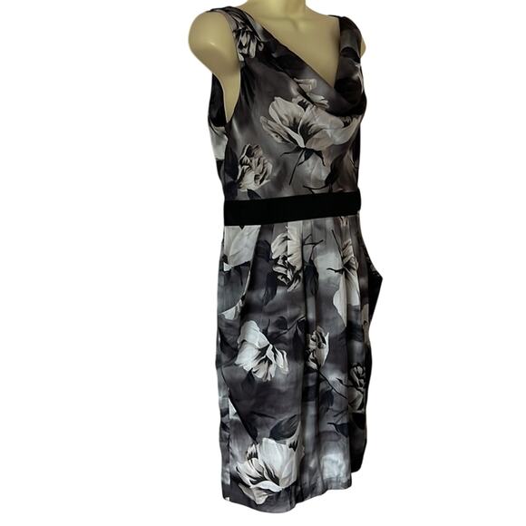 H&M Gray Floral Print Satin Dress Womans Size 10 Pockets Office Dressy Cocktail - Picture 2 of 10